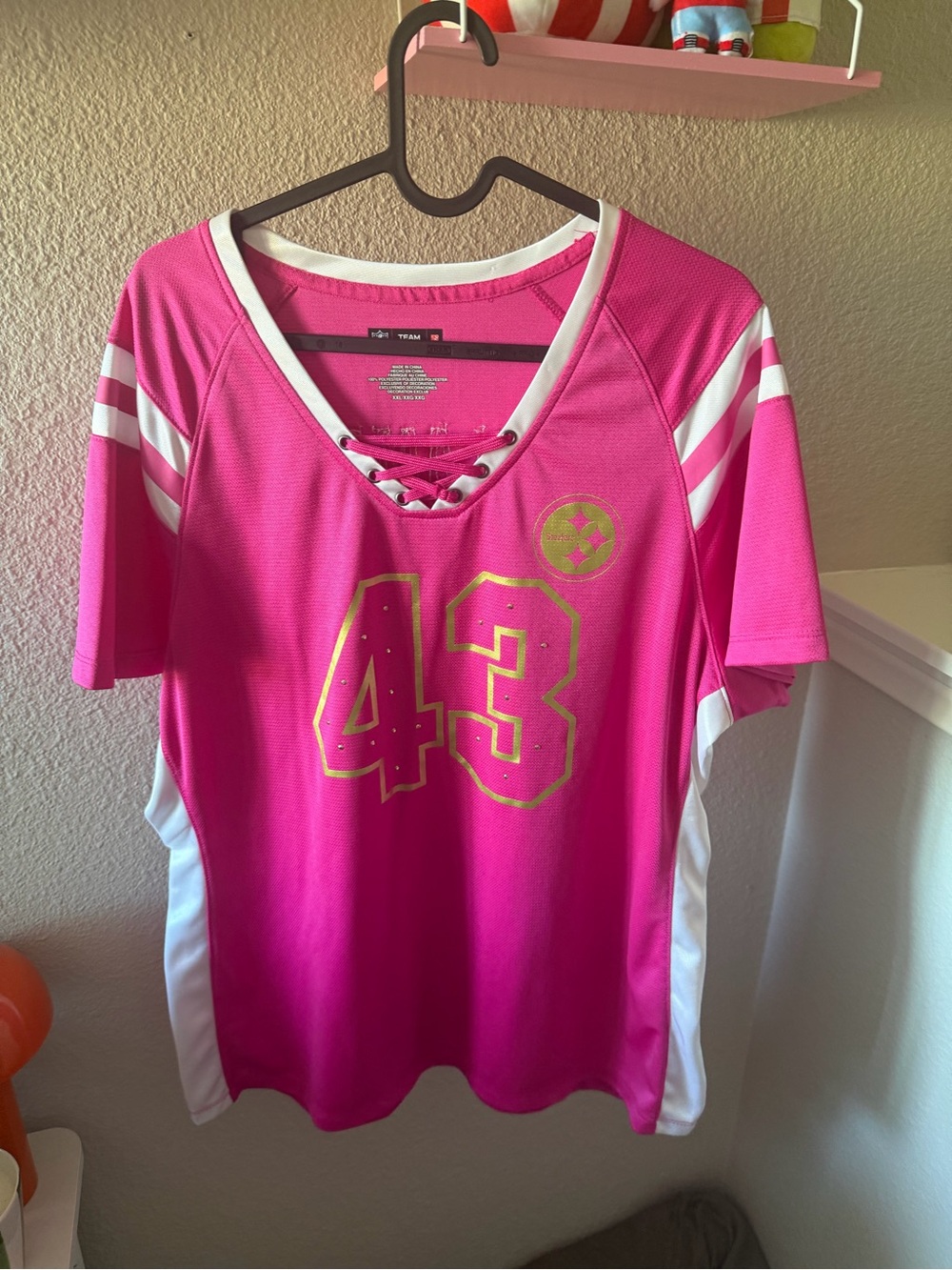 Plus Size XXL NFL Steelers Troy Polamalu Pink and Gold Bedazzled Jersey